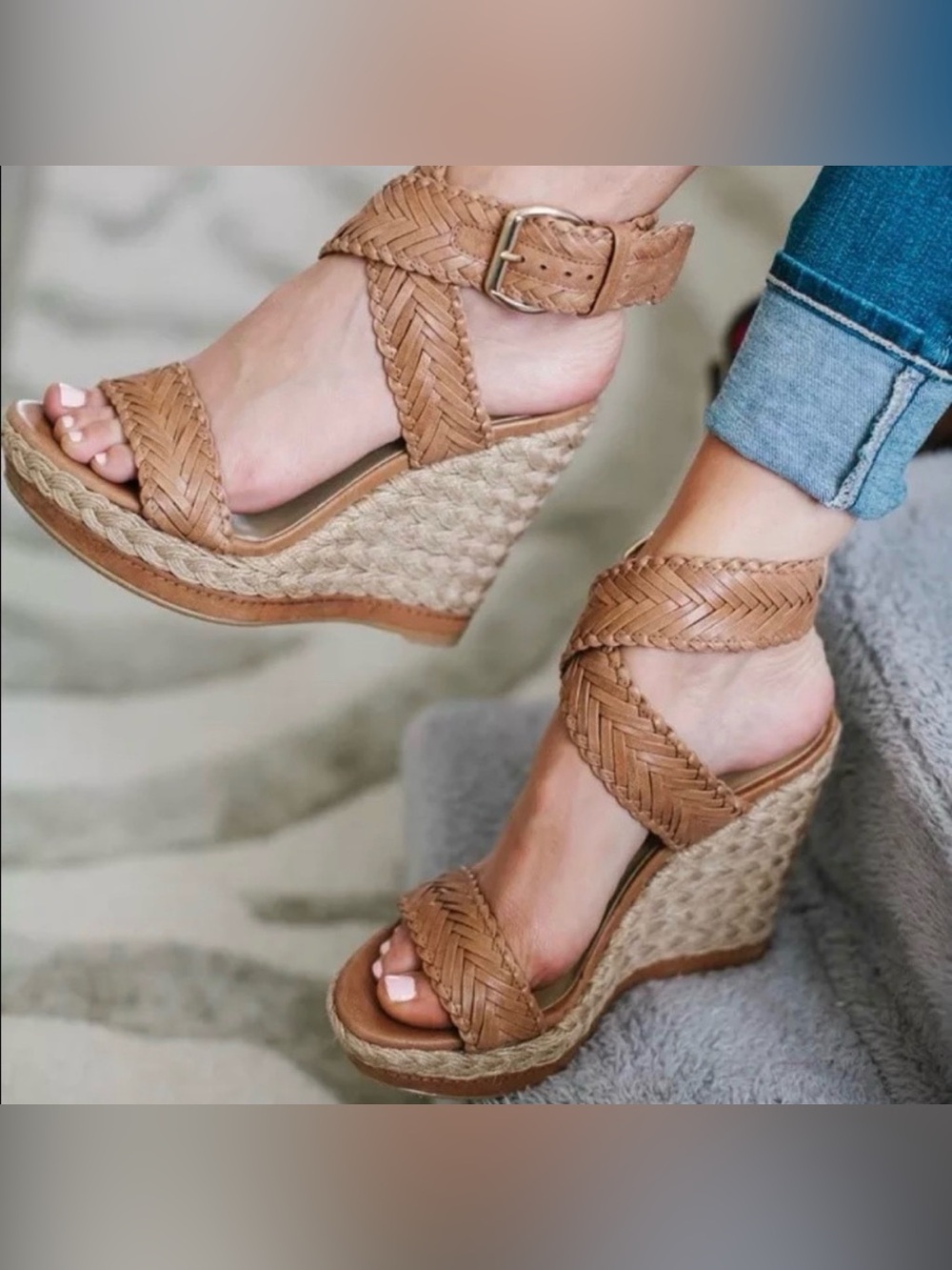 Stuart Weitzman Elixir Espadrille Wedge Braided Leather Ankle Sandals Heels